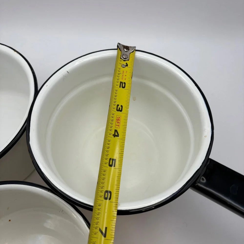 Vintage White Enamelware Double Boiler Saucepan Mug Black Trim Farmhouse 5 Piece